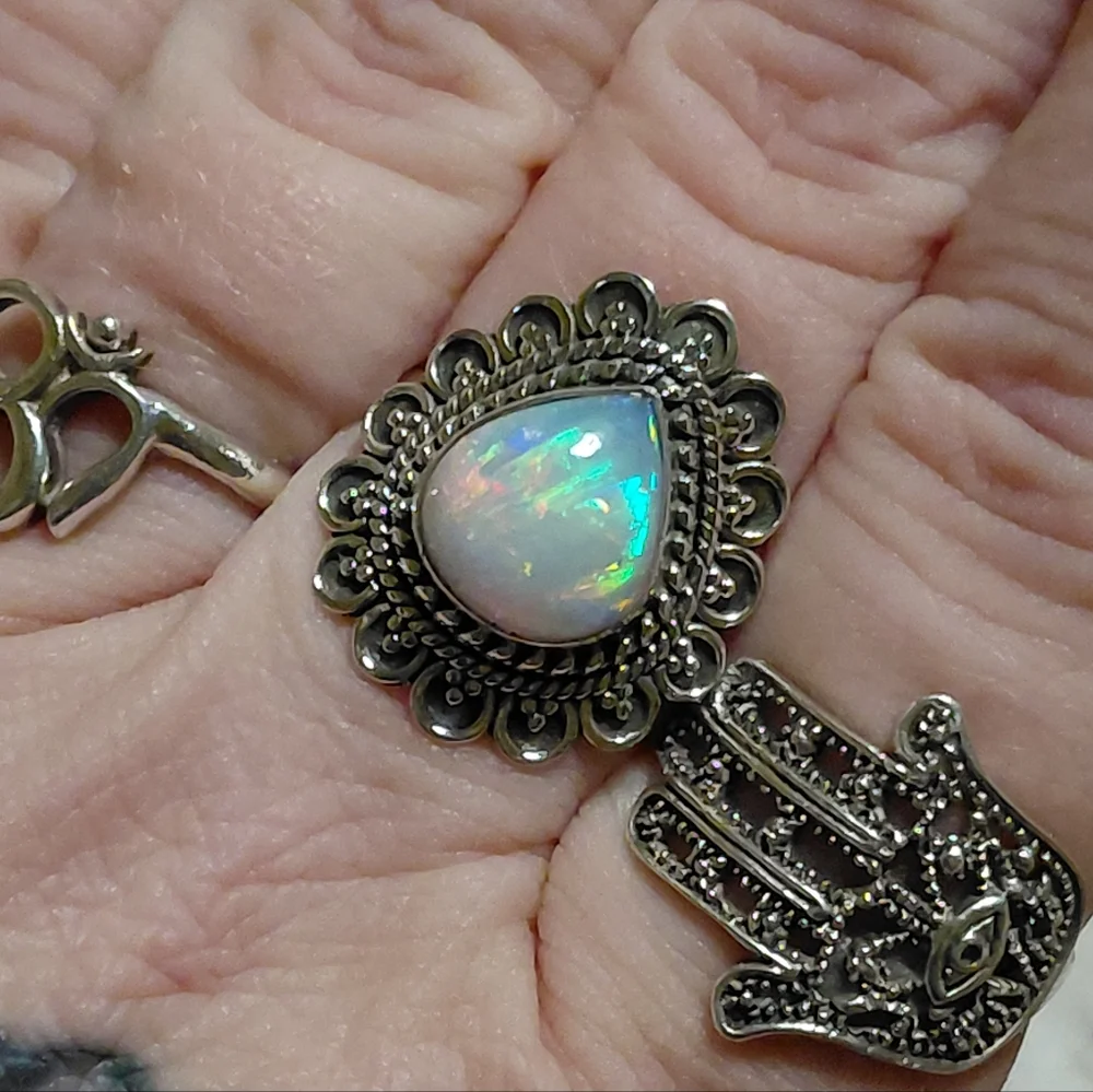 Vintage Style Ethiopian Opal Silver Ring Size 8.25